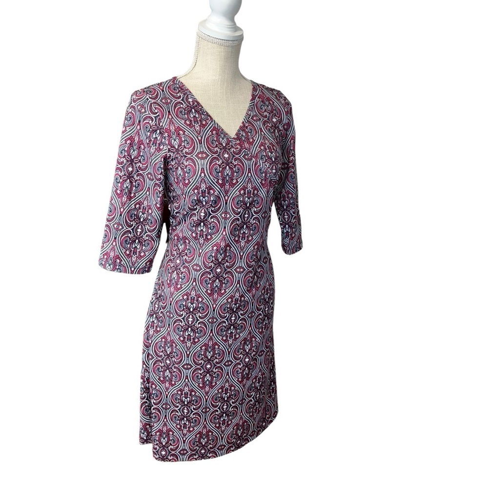 prAna Womens Veeda Red NADIA VNECK Faux Wrap DRESS 3/4 Sleeves Stretch Sz LG - Picture 3 of 12